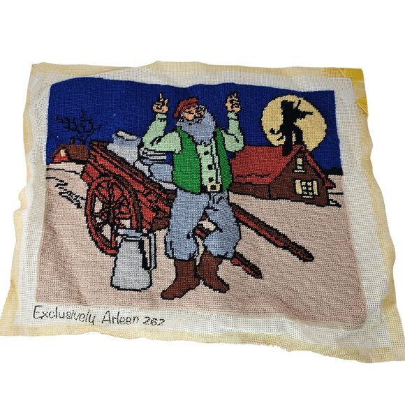 Jewish Art Needlepoint Judaica Fiddler On The Roof Handmade 13"x16" WRINKLED - Picture 1 of 8